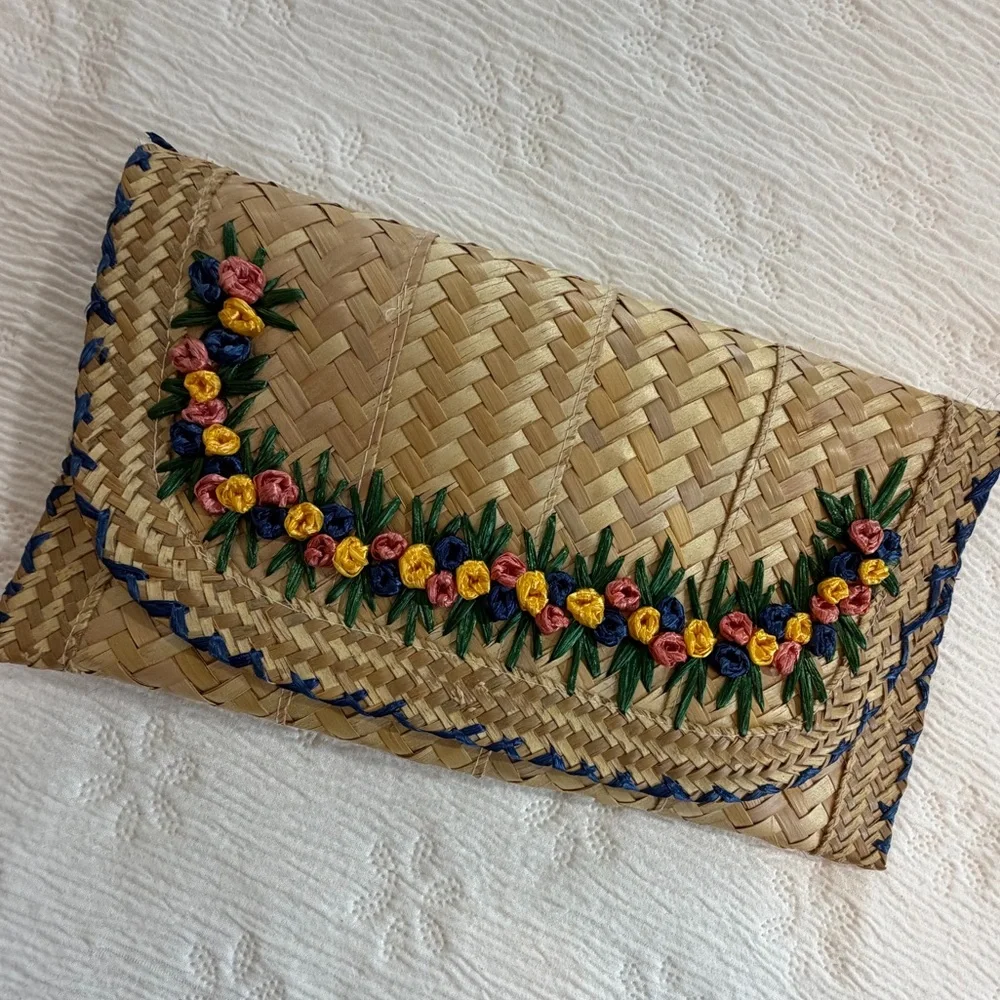 Vintage Straw Clutch Purse Floral woven handmade 11” - Picture 10 of 11